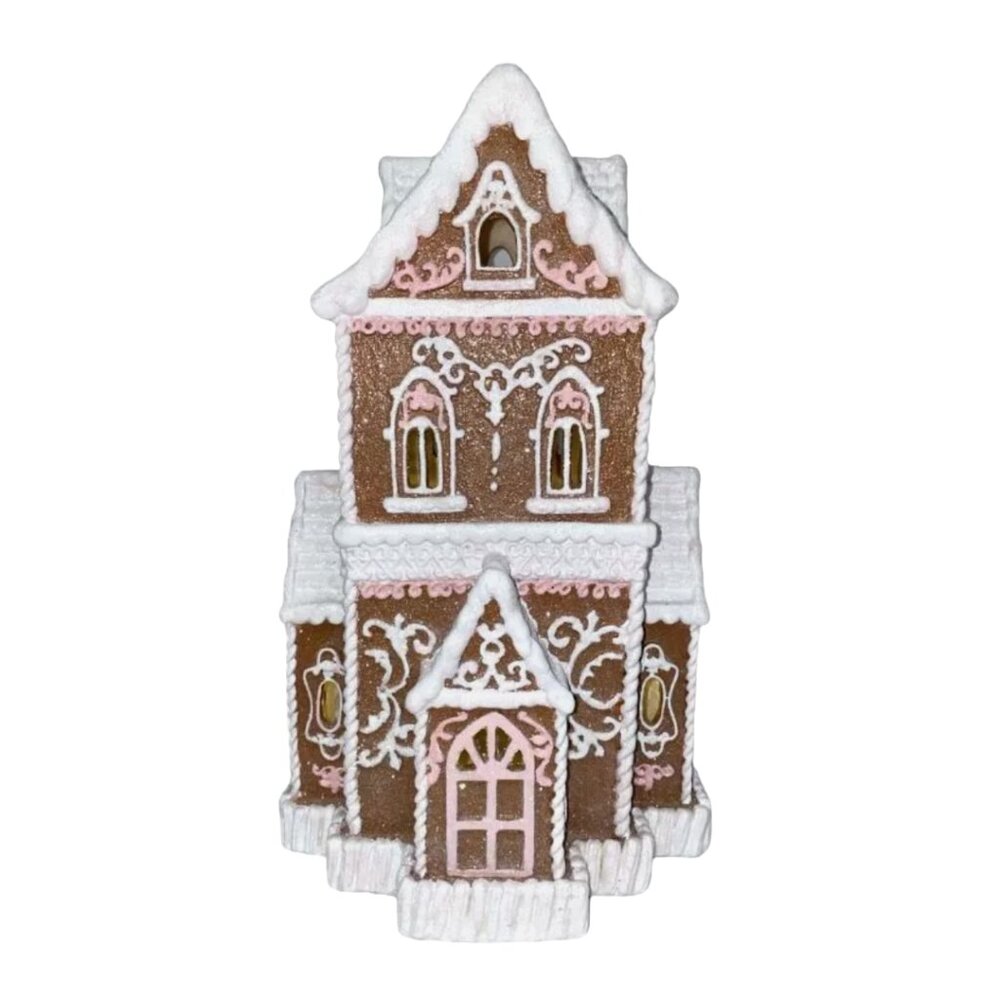Christmas Brown Pink Victorian Lighted Gingerbread Hand Painted House 14" NEW